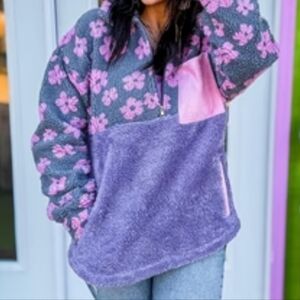 Grace + Emma Boutique Flower Sherpa Half Zip Pullover Jacket